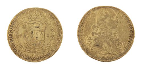 Moneda de ocho escudos de Carlos IV en oro.1797. Nuevo Rein