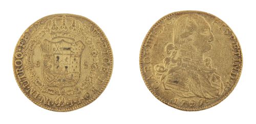 Moneda de ocho escudos de Carlos IV en oro.1797. Nuevo Rein