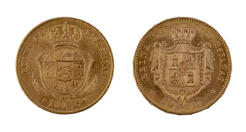 Dos monedas de Isabel II en oro 