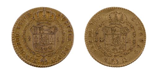 Dos monedas de diez escudos de Isabel II en oro. 1865
