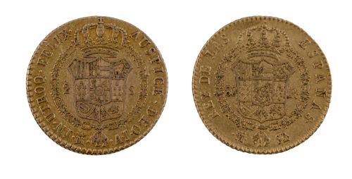 Dos monedas de diez escudos de Isabel II en oro. 1865
