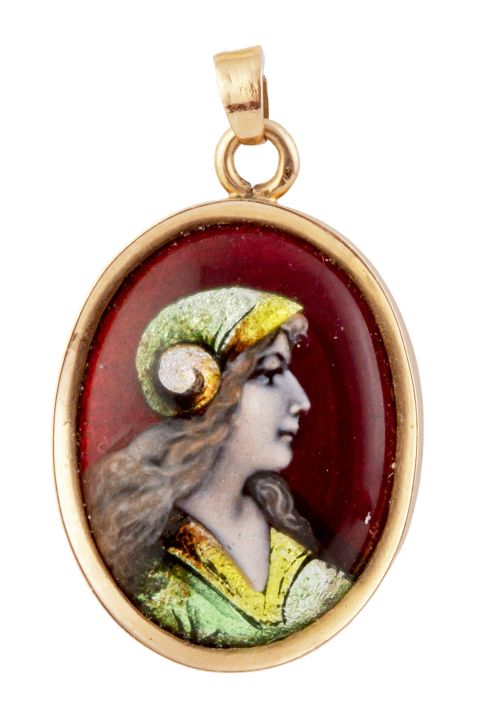 Colgante oval de esmalte de Limoges con retrato de dama en 