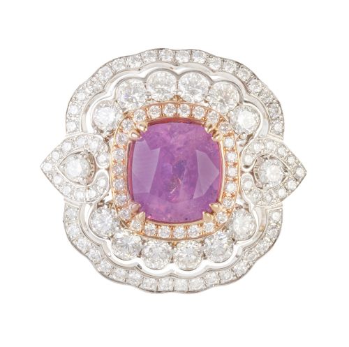 Sortija con zafiro rosa de Kashmir rosa central talla cojín