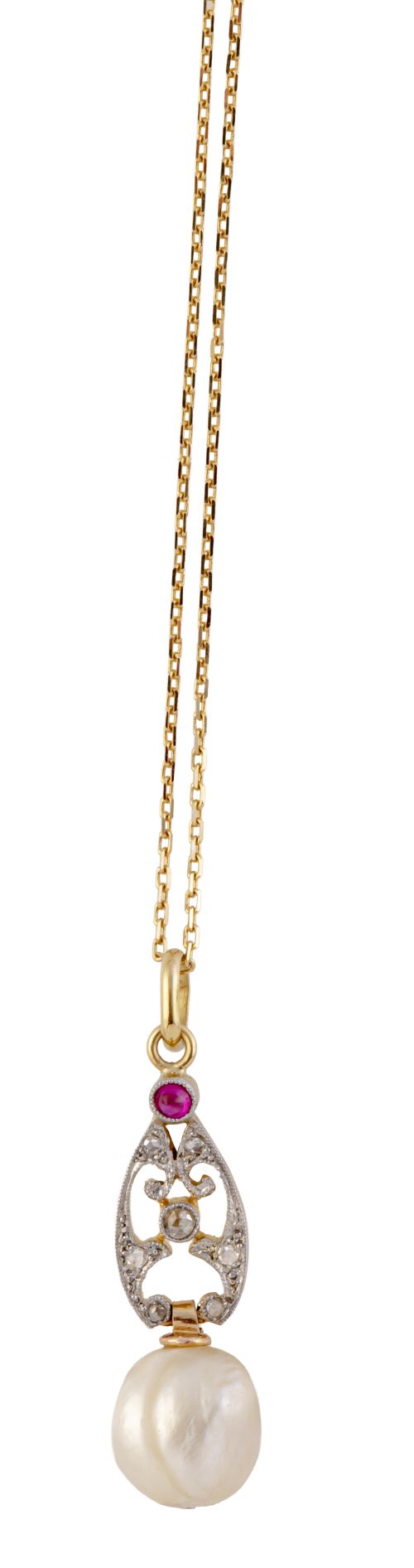 Pendentif eduardino c.1910 de perla natural, con motivo cal