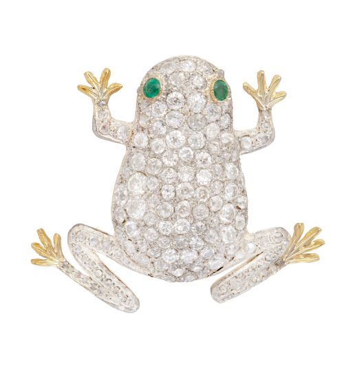 Broche en forma de rana, con cuerpo cuajado de brillantes, 