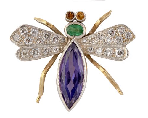 Broche mosca con alas cuajadas de brillantes, con cuerpo de