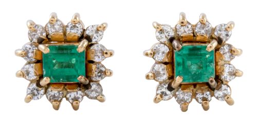 Pendientes de esmeralda central orlada de brillantes con di