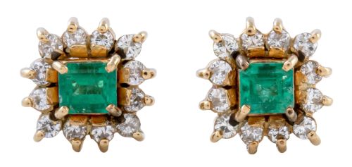 Pendientes de esmeralda central orlada de brillantes con di