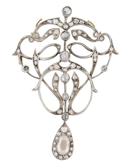 Broche Belle-Époque con diseño calado, cuajado de diamantes
