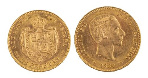 Moneda de 25 pesetas de Alfonso XIII en oro. 1880. MS.M.