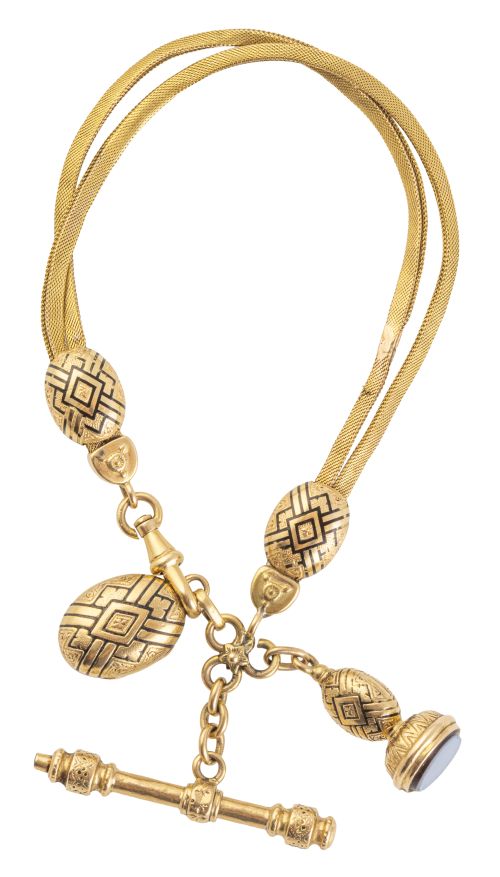 Leontina corta S. XIX de reloj de bolsillo, con dos cintas 