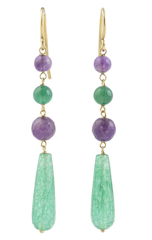 Pendientes largos con cuentas esféricas de ágata verde y am