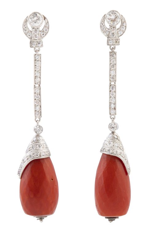 Pendientes estilo Art Decó con perilla de coral, decorada c