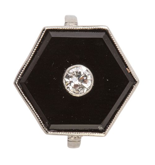 Sortija hexagonal de ónix estilo Art-Decó, con brillante ce