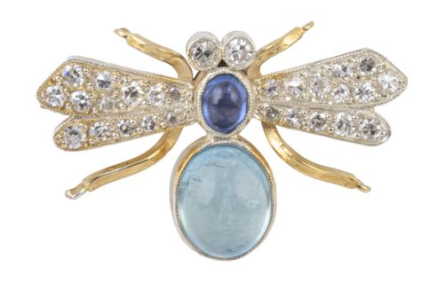 Broche con diseño de mosca con cabuchón de aguamarina y zaf