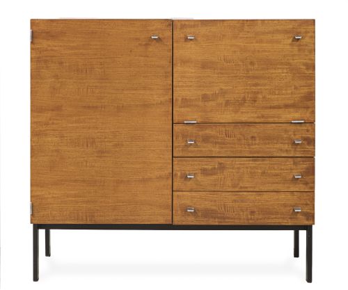 Mueble-bar de madera de teka, metal pintado de negro y tira