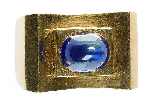 Sortija Chevalière años 30 con cabuchón de zafiro de talla 