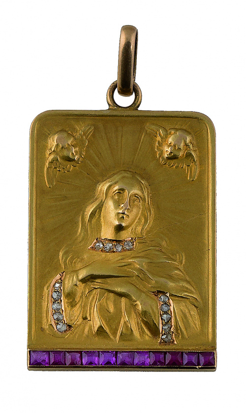 Medalla cuadrangular de pp. S XX con Virgen con vestido ado