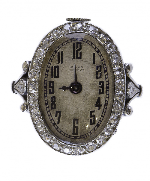 Sortija reloj Art-Decó HAAS Geneve con orla y montura de br