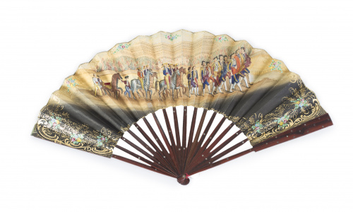 Abanico costumbrista; país de doble papel litografiado, pin