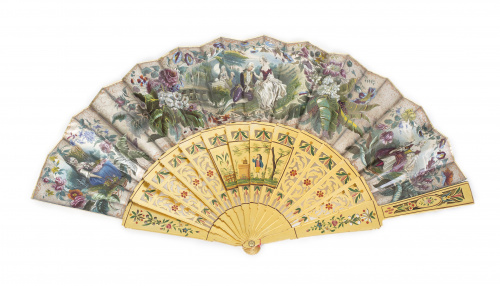 Abanico costumbrista con país litografiado, iluminado y dor