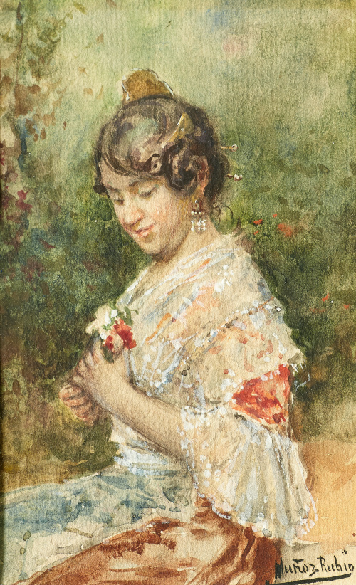 RAMÓN MUÑOZ RUBIO ( Jaén1867-?) Retrato de dama con flores