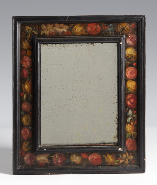 Espejo en madera tallada y policromada con flores.Trabajo 