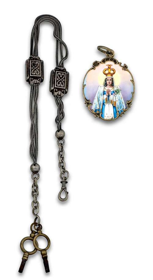 Lote de leontina en plata s.XIX y medalla colgantede Virgen