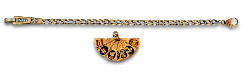 Lote de pulsera oro bicolor y brillantes y colgante abanico