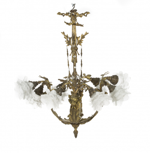 Lámpara modernista de ocho luces de bronce y tulipas.Españ