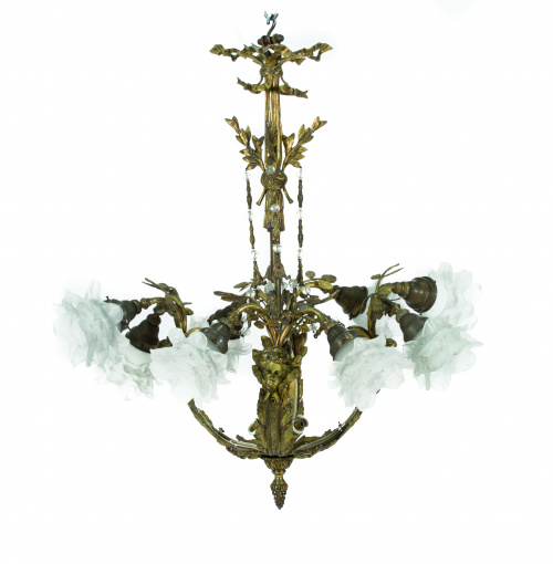 Lámpara modernista de ocho luces de bronce y tulipas.Españ