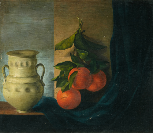 ESCUELA ESPAÑOLA, SIGLO XIX“Naranjas y jarro en cerámica”