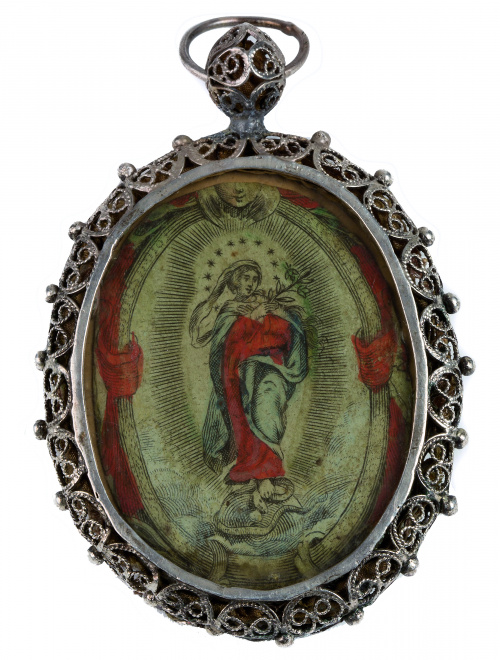 Medalla devocional con grabados coloreados por ambas caras 