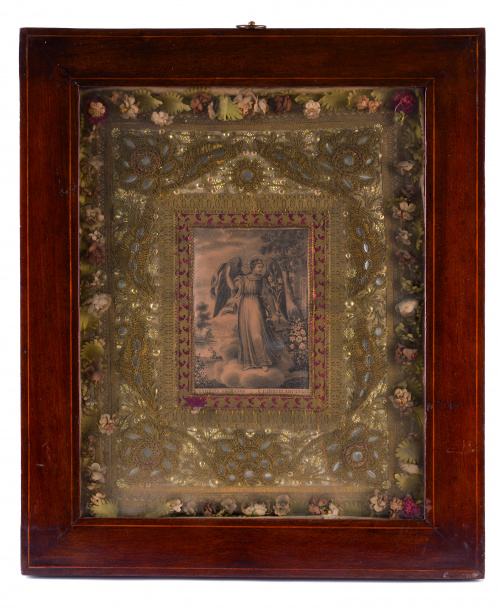 “San Gabriel” Grabado con bordado de hilos dorados, espejo