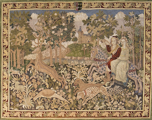 "Escena medieval".Repostero en lana con aplicación de tel