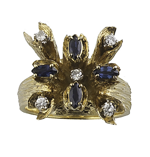 Sortija flor elevada años 70 con zafiros marquisse y brilla