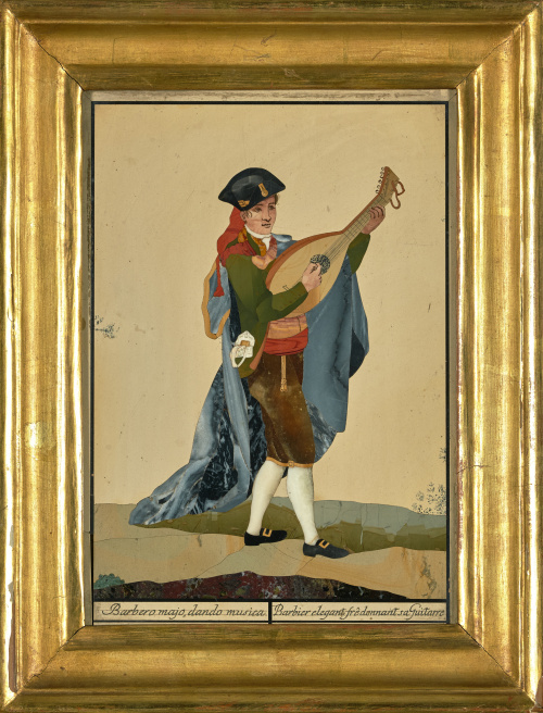 “Barbero majo , dando música”, placa en piedras duras. Bue