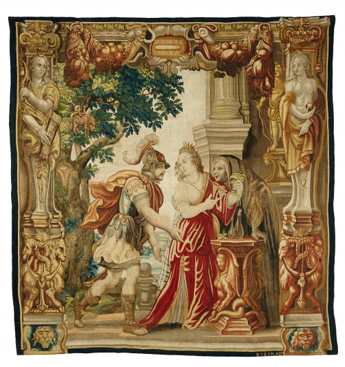“Jason y Medea”, tapiz flamenco en lana y seda; bajo lizo. 
