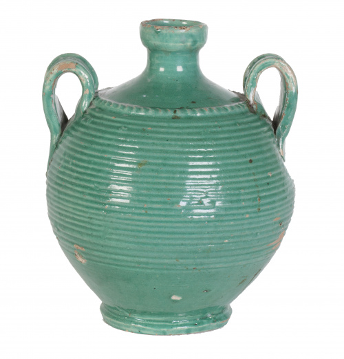 Aceitera de dos asas esmaltado en verde, Andalucía, S. XIX.