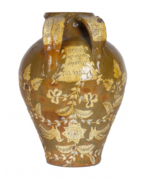 Orza de boda de cerámica fechada en 1923 con la leyenda “Vi