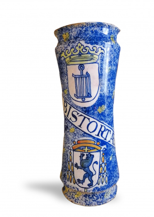 Par de botes de farmacia de cerámica esmaltada con decoraci