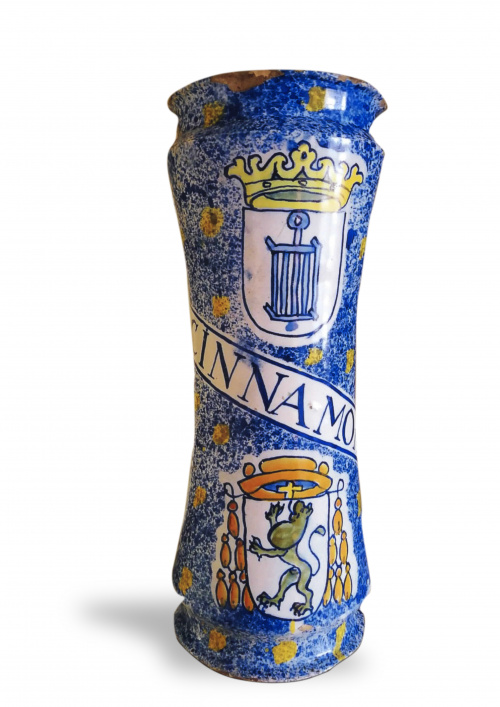 Par de botes de farmacia de cerámica esmaltada con decoraci