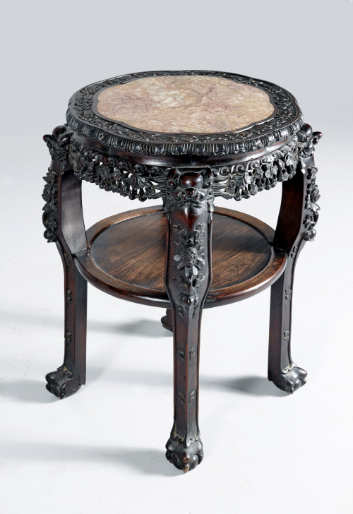 Gran peana para jarrón en madera exótica y tapa de mármol. 