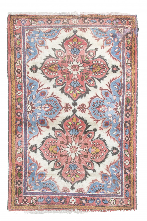 Alfombra en lana de campo azul y blanco, con medallones cen