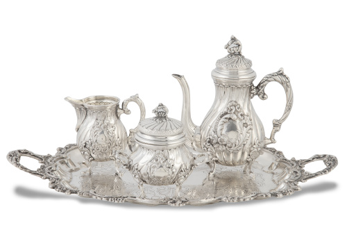 Juego de café de plata. Con marcas.Agruña, S. XX.