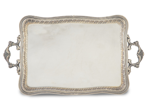 Bandeja rectangular de plata con asas. Con marcas.Comerci