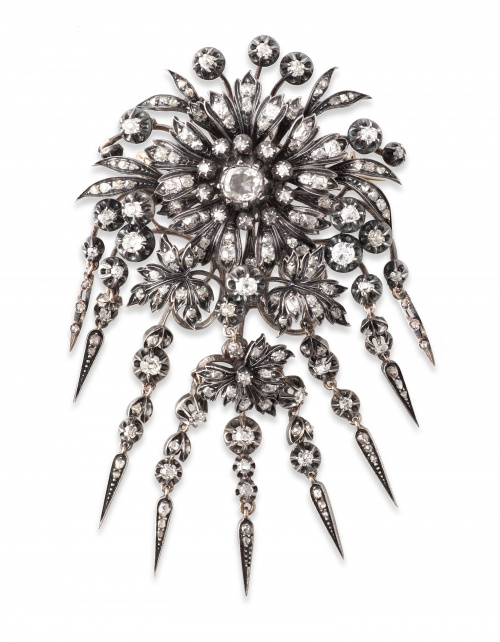 Broche flor Victoriano de diamantes y brillantes talla cojí