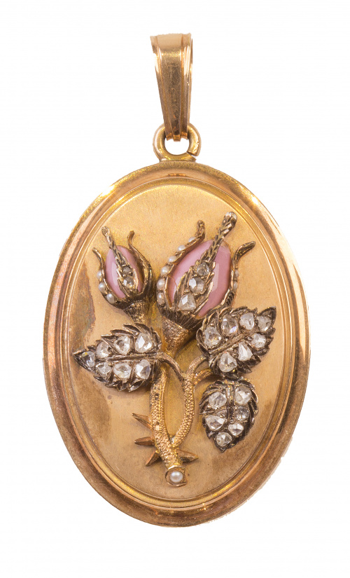 Colgante guardapelo francés S. XIX con flores de esmalte ro