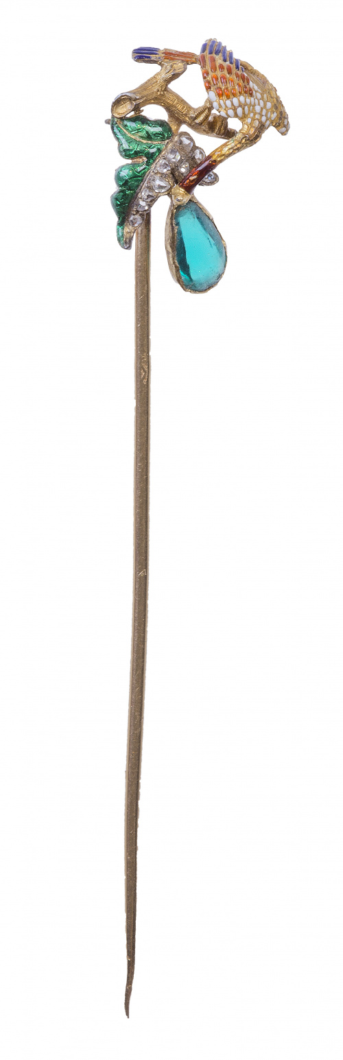 Alfiler de corbata de pp. S. XIX con ave decorada con esmal
