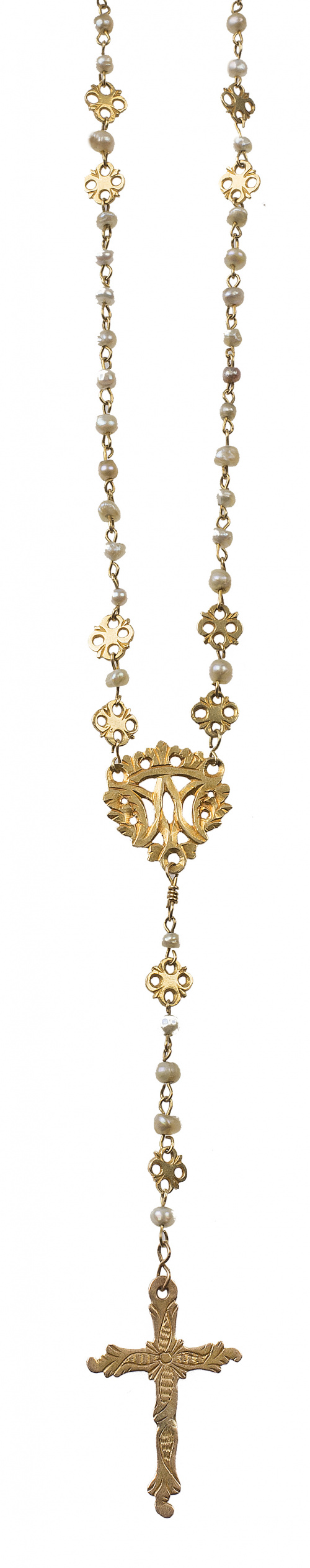 Conjunto de tres delicados rosarios S. XIX con perlas de al